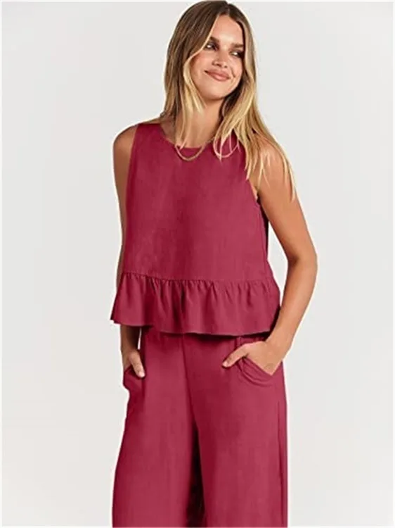 Women Summer Casual Linen 2 Piece Pants Set Solid Elegant Two Piece Suit Sleeveless Wide Leg Outfit 2023 New In Matcing Set -S0d15a97a7e7048618129154ad8a296beF