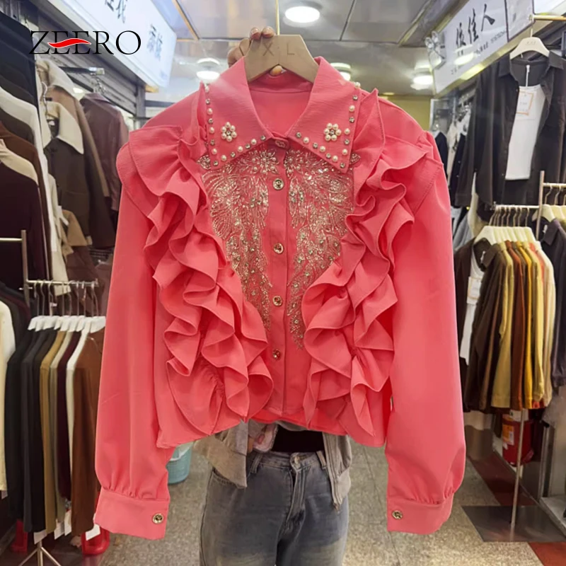 

Женская блестящая блузка с длинным рукавом, длинным рукавом и оборками