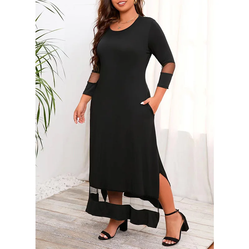 Black All-match Round Neck Net Yarn Patchwork Wrist Sleeve Loose A-line Skirt Elegant Plus Size Female Clothing Split Long Dress