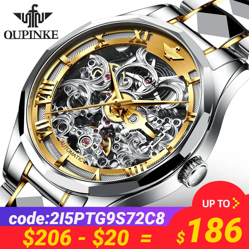 

Original OUPINKE Automatic Mechanical Watch For Men Swiss Skeleton Luxury Sapphire Crystal Tungsten Steel Strap Wristwatch 3168