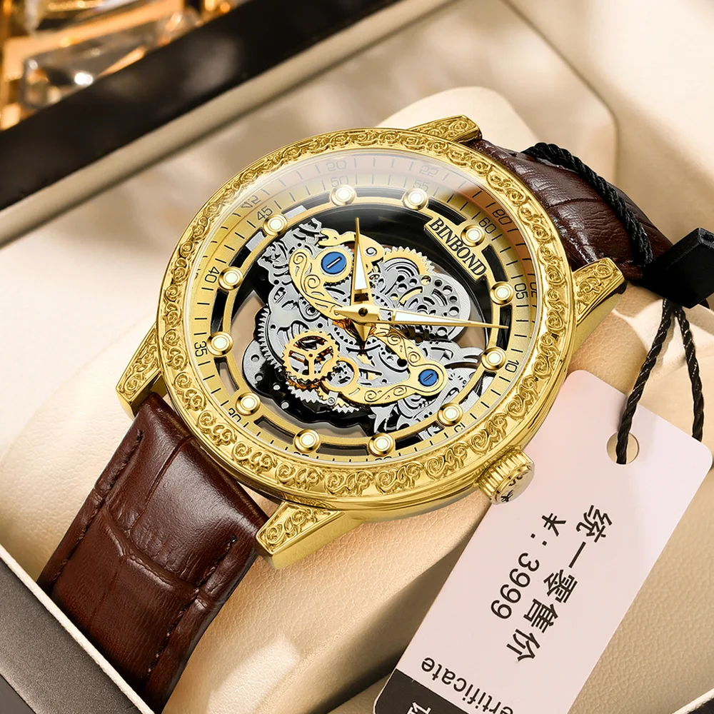 

Skeleton Gold Quartz Wrist Watch Mens Fashion Hollow Leather Watches Men Business Watch Male Luminous Relogio Masculino