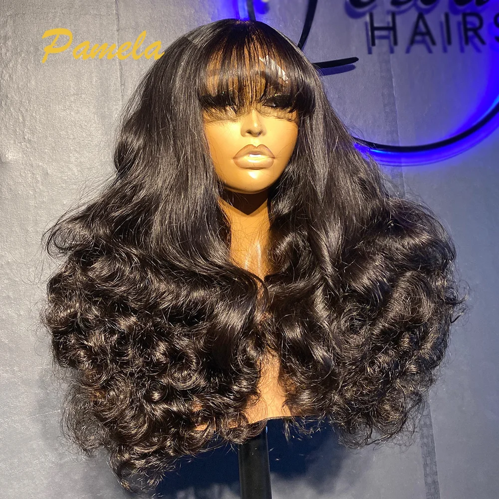 Glueless Super Double Drawn 250% Density Loose Deep Wave With Bangs 4X4 HD Transparent Lace Frontal Human Hair Wigs For Women