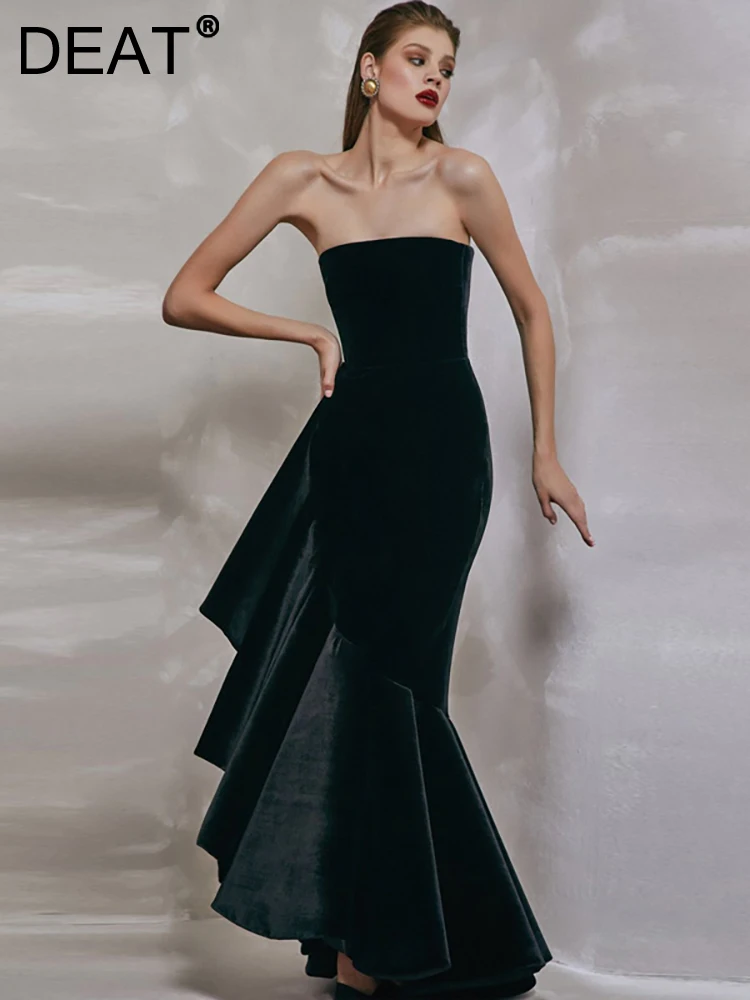 

DEAT Women's Fashion Evening Dress Strapless Velvet Sleeveless Patchwork Ruffles Elegant Party Dresses Summer 2024 New 13DB3487