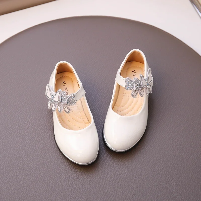 Girls Rhinestone Princess Shoes Children Leather Shoes for Party Wedding Kids High Heels Performance Shoes with Butterfly-knot