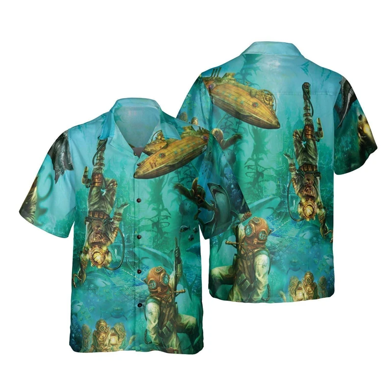 

Scuba Diving 3D Printed Shirts For Men Clothes Casual Diver Short Sleeve Harajuku Fashion Ocean Fish Graphic Beach Shirts Tops