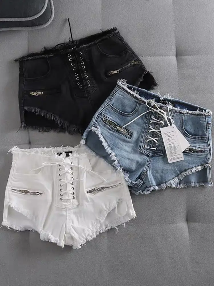 Bandage Sexy Denim Shorts Women Streetwear Gothic Jeans Mini High Waist Lace Up Casual Zip Black Goth Club Fashion 2022 bootcut jeans