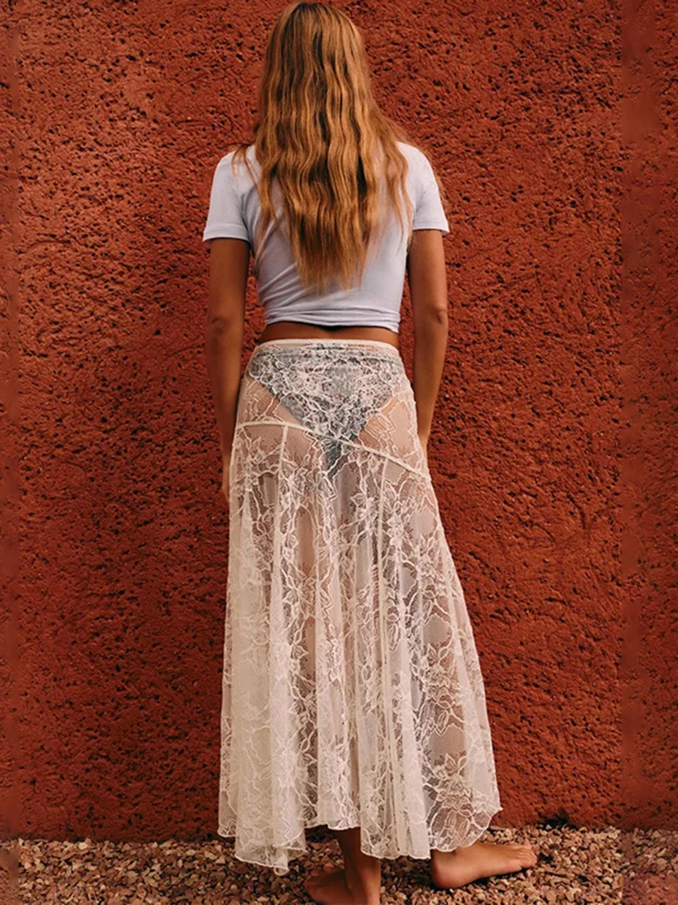 White Lace Maxi Skirt Women Sexy See Through Beach Bikini Cover Up Skirts Summer Casual Loose High Waist Holiday Skirt 2024 3