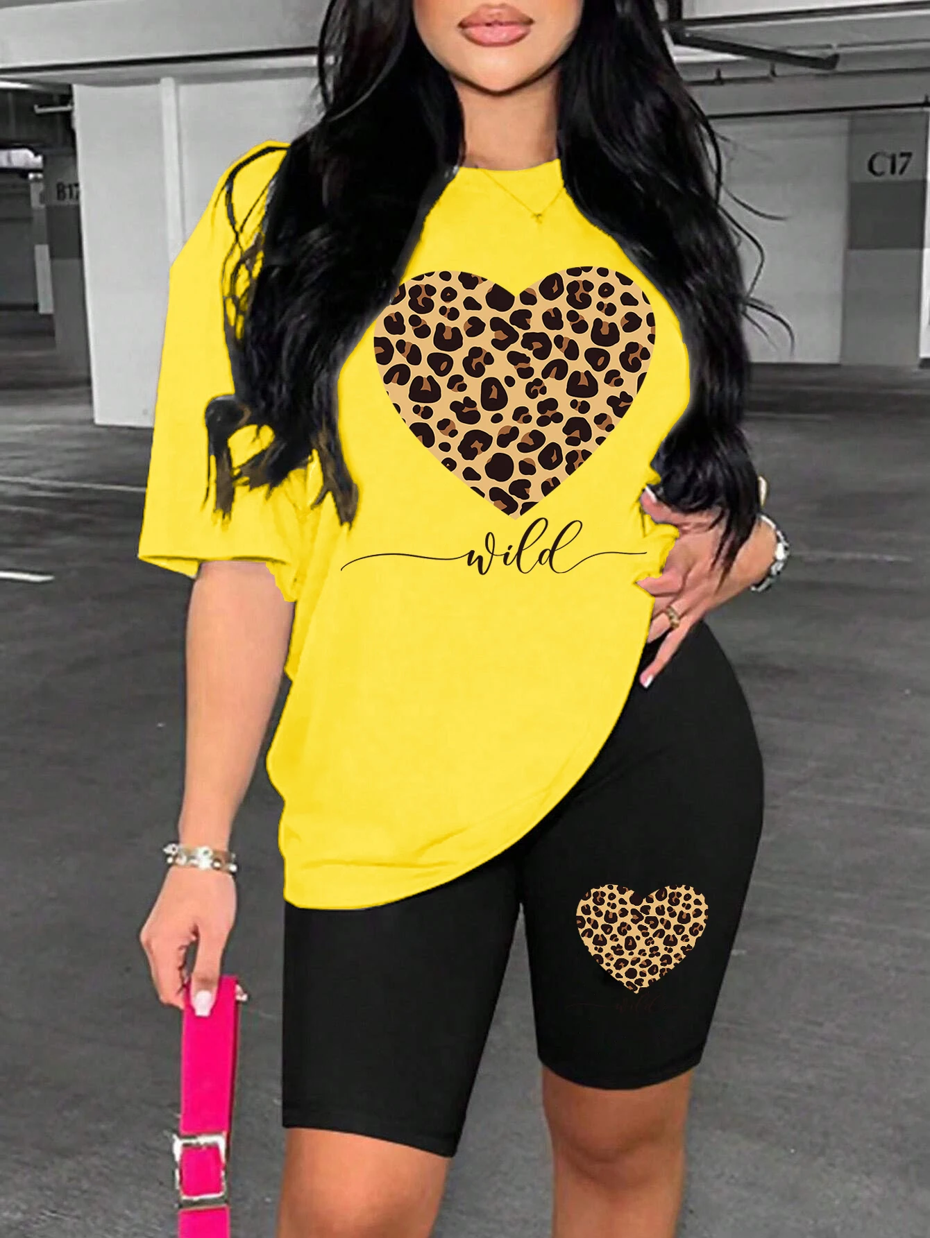 Leopard Heart Pattern Printing Shorts Sets Fashion Cartoon Women'S Two Piece Set Breathable Comfortable Short Sleeved Shorts Set 5