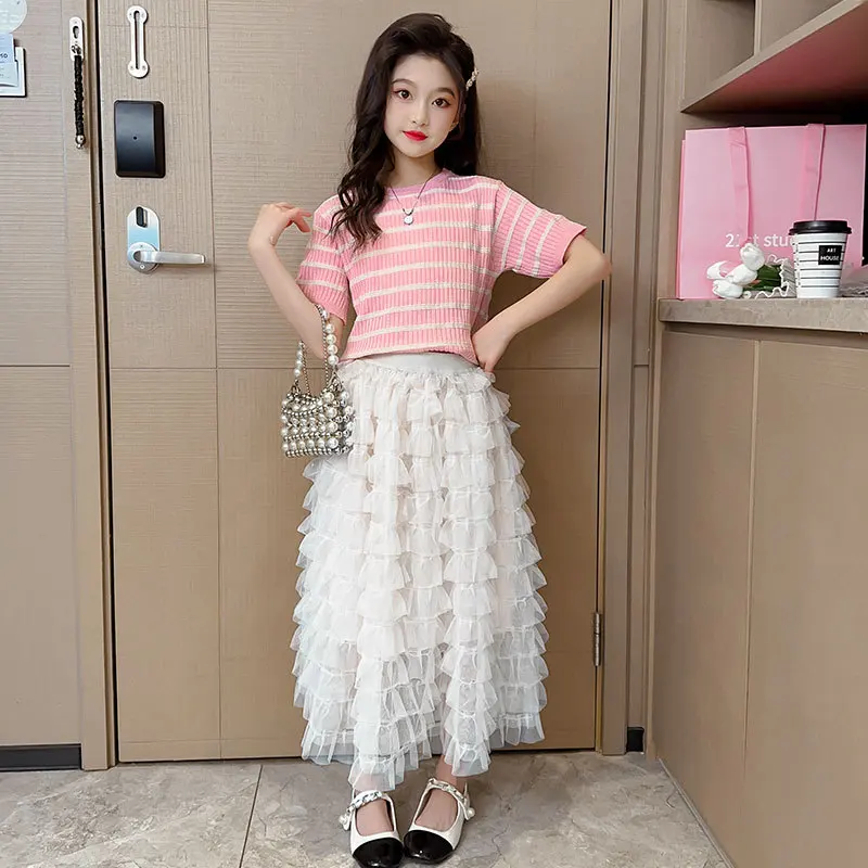

Summer Suit for Girls New Baby Striped Knitted Short Sleeve T-shirt + Skirt Two-piece Sets Children Cute Clothing 4 6 8 10 12 Y