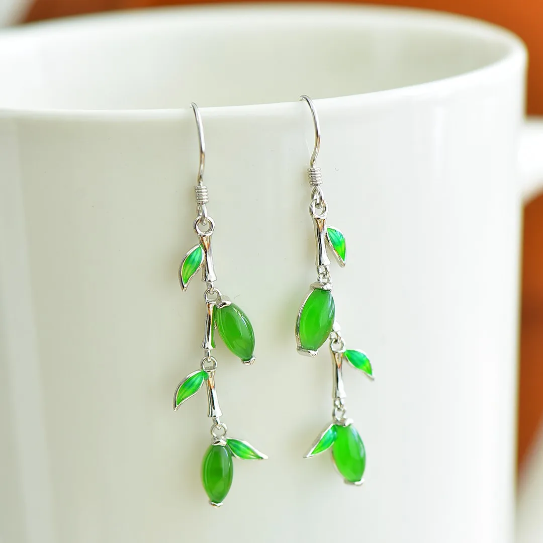 

12268# Sweet Lady Women Enamel Willow Leaf HETIAN Green Jade S925 Pure Silver Natural Nephrite Cheongsam Party Earrings