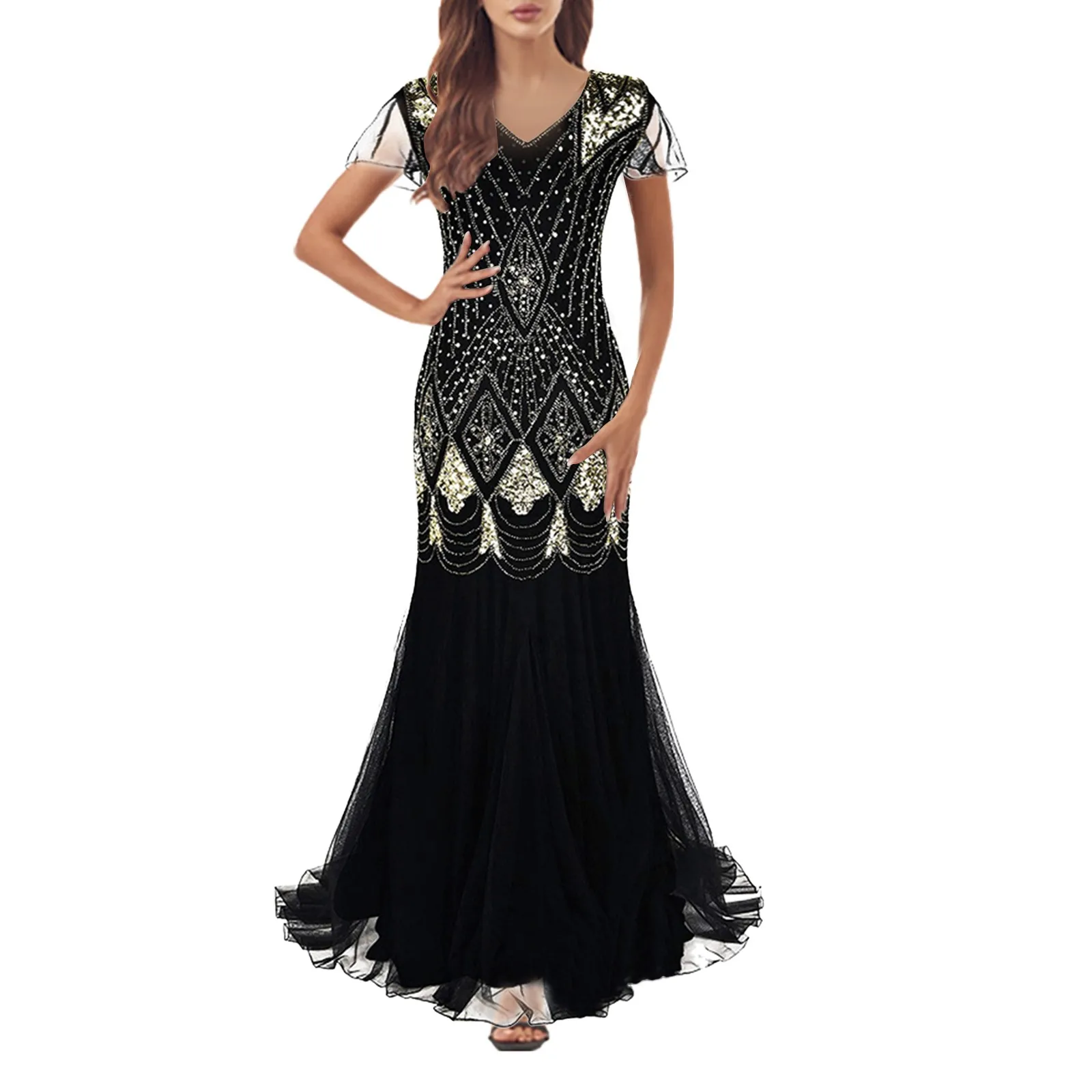 

Women 1920s Great Gatsby Dress Long Vintage Short Sleeve Maxi Party Dress Women Elegant Mesh Bead Fishtail Dresses Prom Cocktail