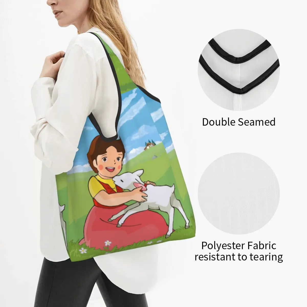 Reusable Heidi The Girl Of The Alps Shopping Bags for Groceries Foldable Funny Grocery Bags Washable Sturdy Large Tote