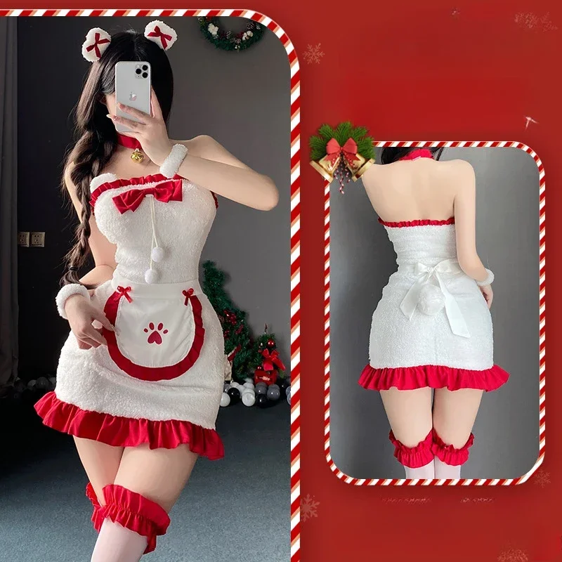 Christmas Sexy Plush Bunny Girl Uniform Cosplay Sexy Costumes Velvet New Year Red Dress Nightdress Role Play Outfits Underwear