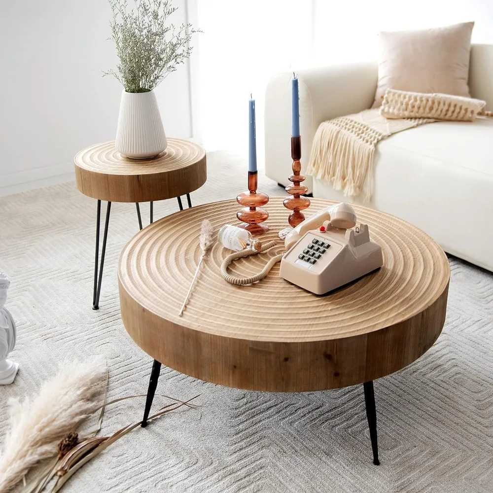 2-Piece Modern Farmhouse Living Room Coffee Table Set, Nesting Table Round Natural Finish with Handcrafted Wood Ring Motif,