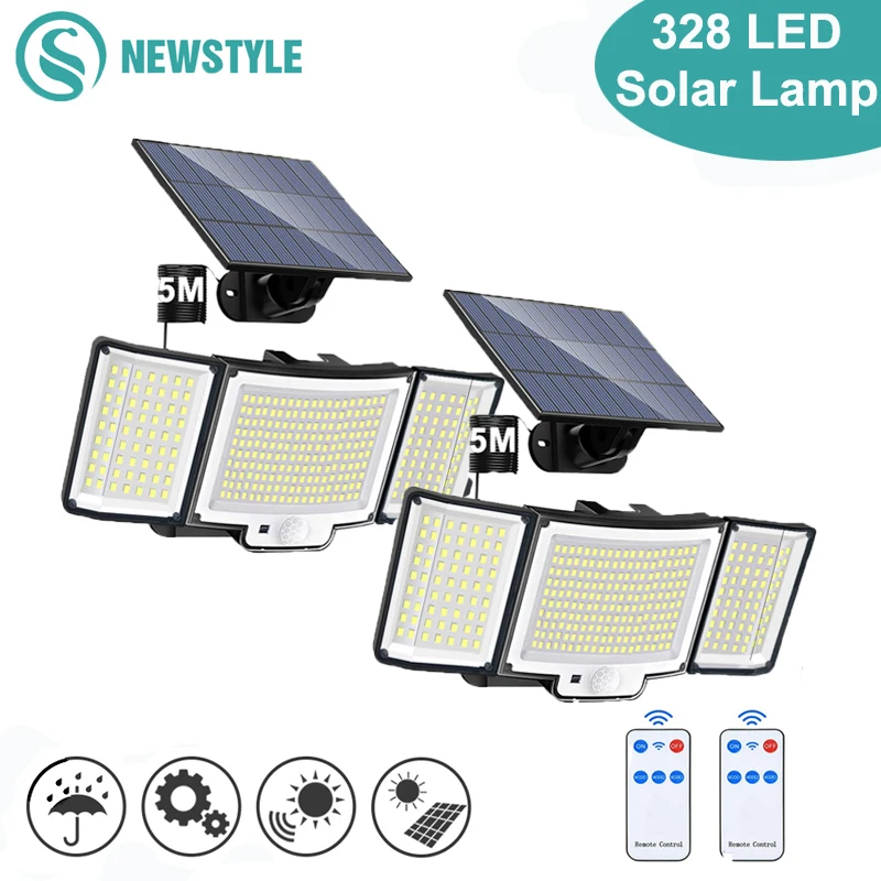 Lâmpada solar ao ar livre com sensor de movimento, 238 LED, 328, lâmpada de parede, holofotes IP65 impermeáveis, 3 modos, iluminação publica, decoração do jardim