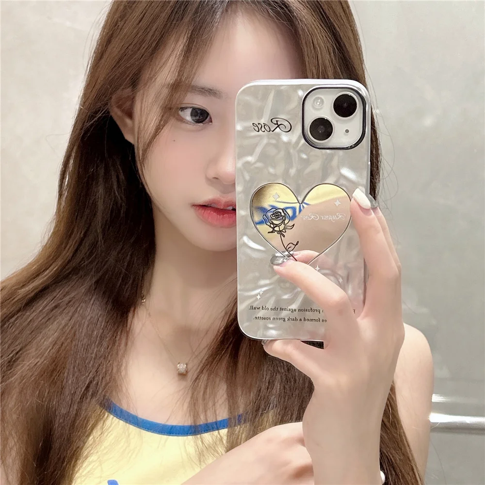 Per Iphone 13 11 12Promax 14 Pro Max Custodia Cute Love Hearts Mirror Silver Soft Cover Custodia Per Telefono Antiurto Galvanica Di Lusso