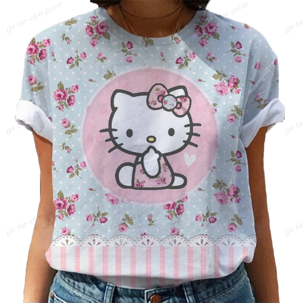 Short Sleeve Tee Shirt Cartoon Print Clothes Women Hello Kitty Print Trend 90s Spring Fashion