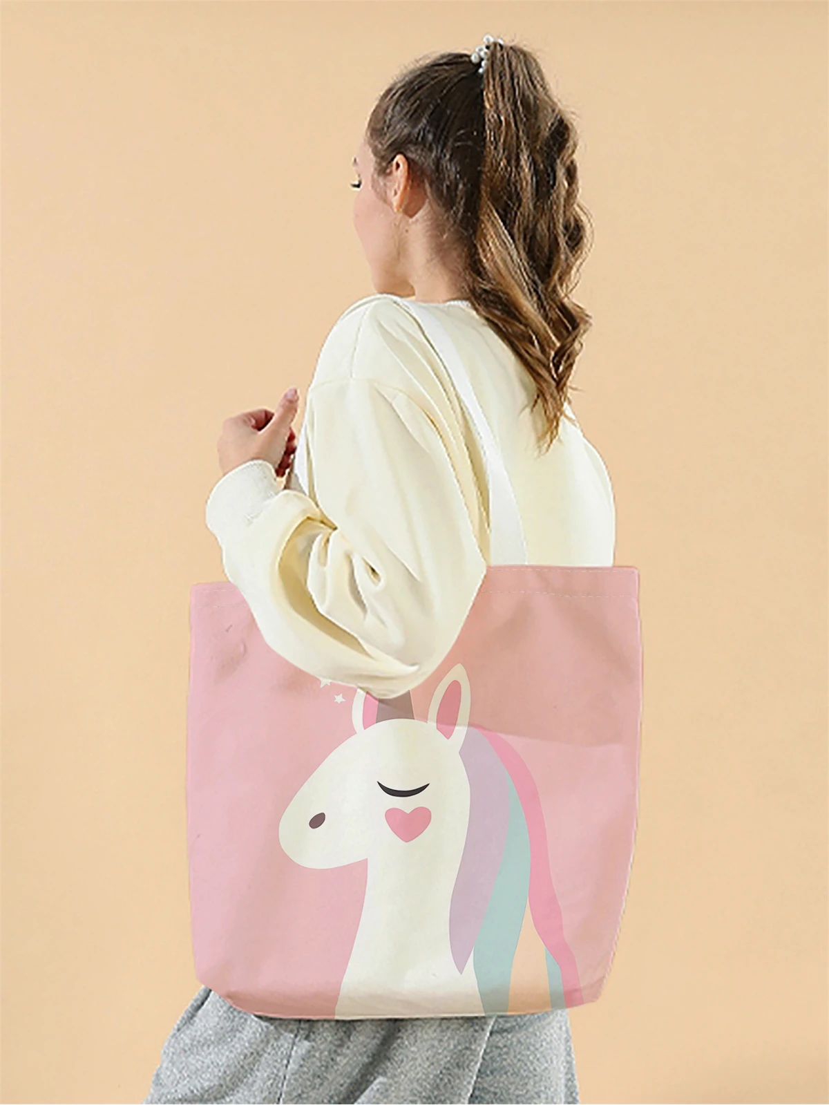1pc,pink unicorn handbag, reusable fashionable handbag, multifunctional handbag, printed canvas shopping bag