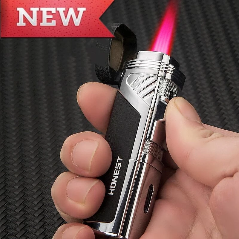 

HONEST New Outdoor Windproof Butane Gas Four Straight Fire Lighter Jet Adjustable Visible Gas Window Cigar Accessories Gadgets