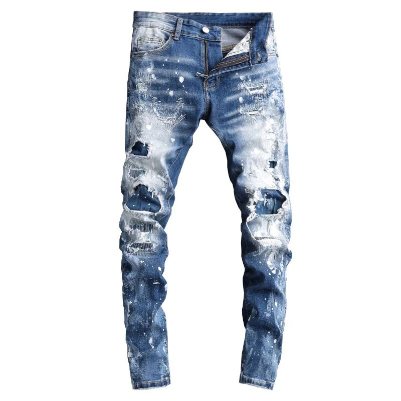 High Street Fashion Men Jeans Retro Blue Stretch Skinny Fit Patched Ripped Jeans Men Painted Designer Hip Hop Brand Pants Hombre