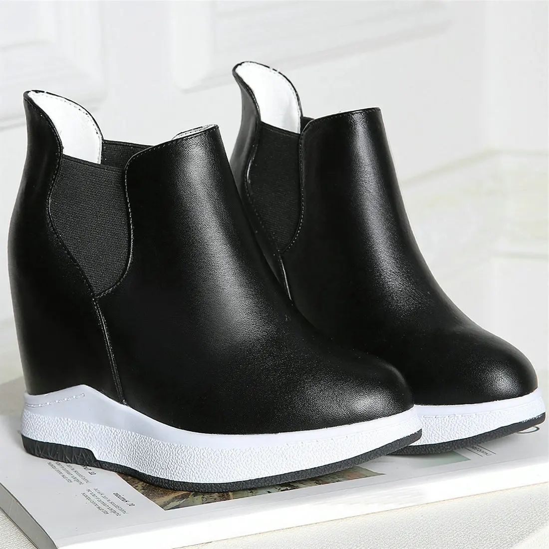 Plus Size Shoes Women Genuine Leather Platform Wedges High Heel Vulcanized Shoes Female Round Toe Sneakers Casual Shoes Big Size