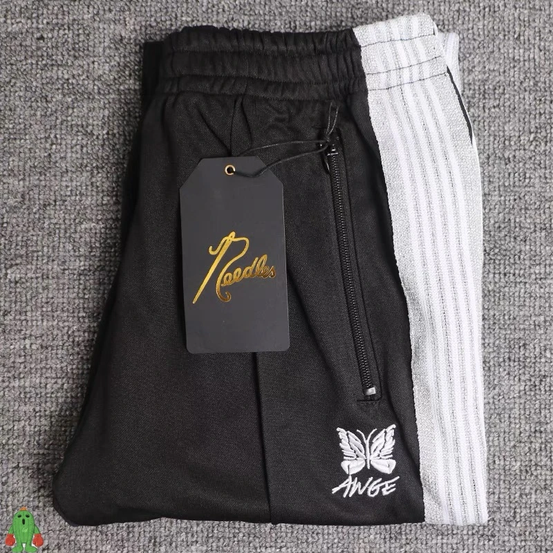 

Black White Collocation Needles Drawstring Sweatpants Men Women 1:1 AWGE Needles Pants Embroidery Butterfly Casual Trousers