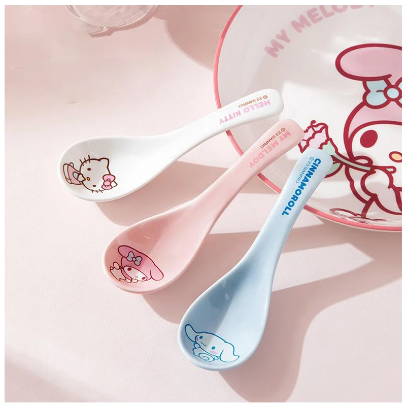 

Kawaii Sanrios Melody Hellokitty Cinnamoroll Household Ceramic Spoons Cartoon High-Temperature Resistant Soup Spoon Tableware