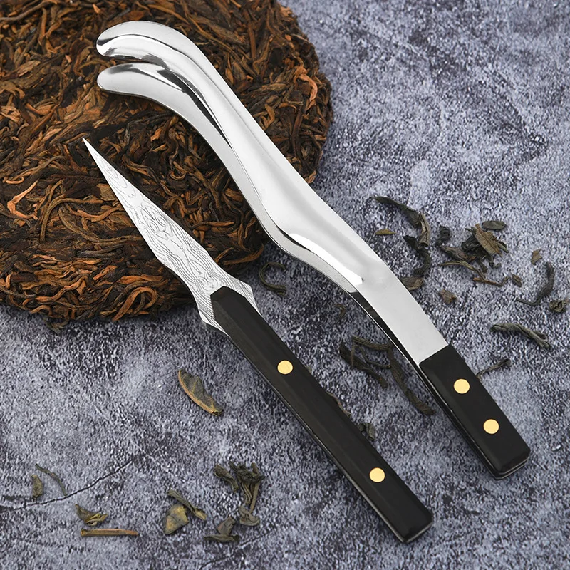 Stainless Steel Damascus Tea Knife Set with Tea Clip for Chinese Pu'er Needle Cutting Machine Delicate Pu'er Cutter Tool
