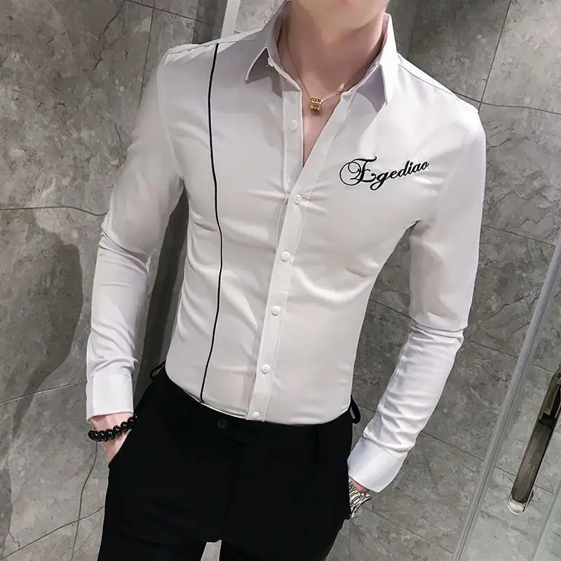 

Fashion Lapel Button Spliced All-match Embroidery Shirts Men's Clothing 2024 Spring Summer New Slim Korean Tops Casual Shirts