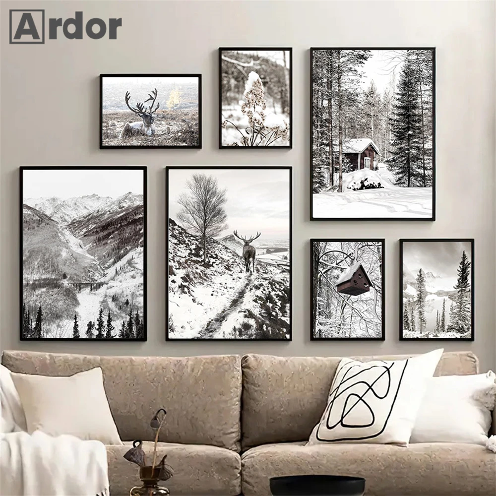 

Winter Landscape Forest Elk Posters Canvas Painting Lake Snow Mountain Wall Art Print Nordic Poster Pictures Living Room Decor