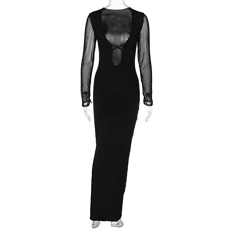 Vestido largo de malla con encaje y aberturas - Elegante vestido de fiesta con escote en V y banda elástica