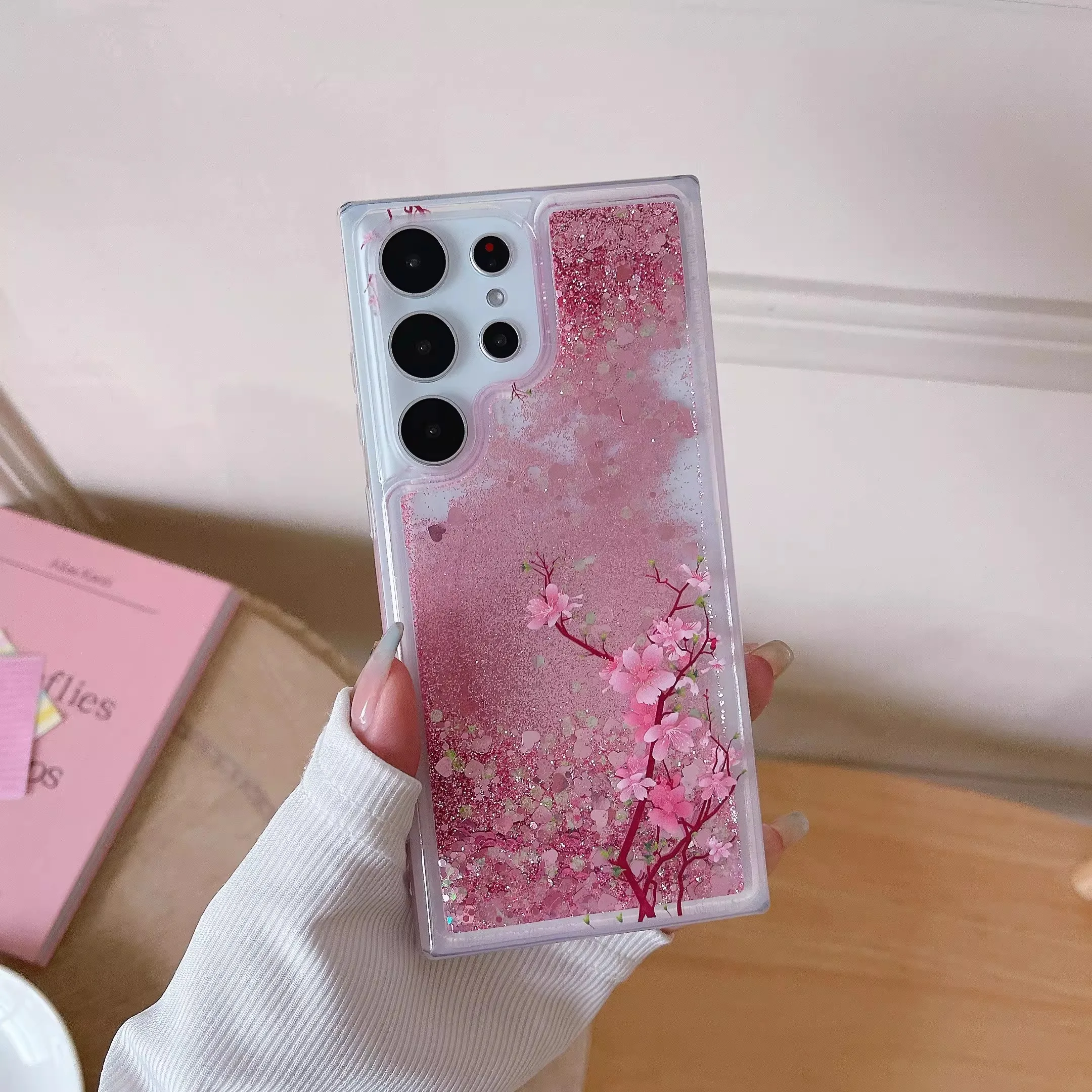 Pink Peach Blossom Quicksand Case with Love Heart Sparkles and Floral Accents