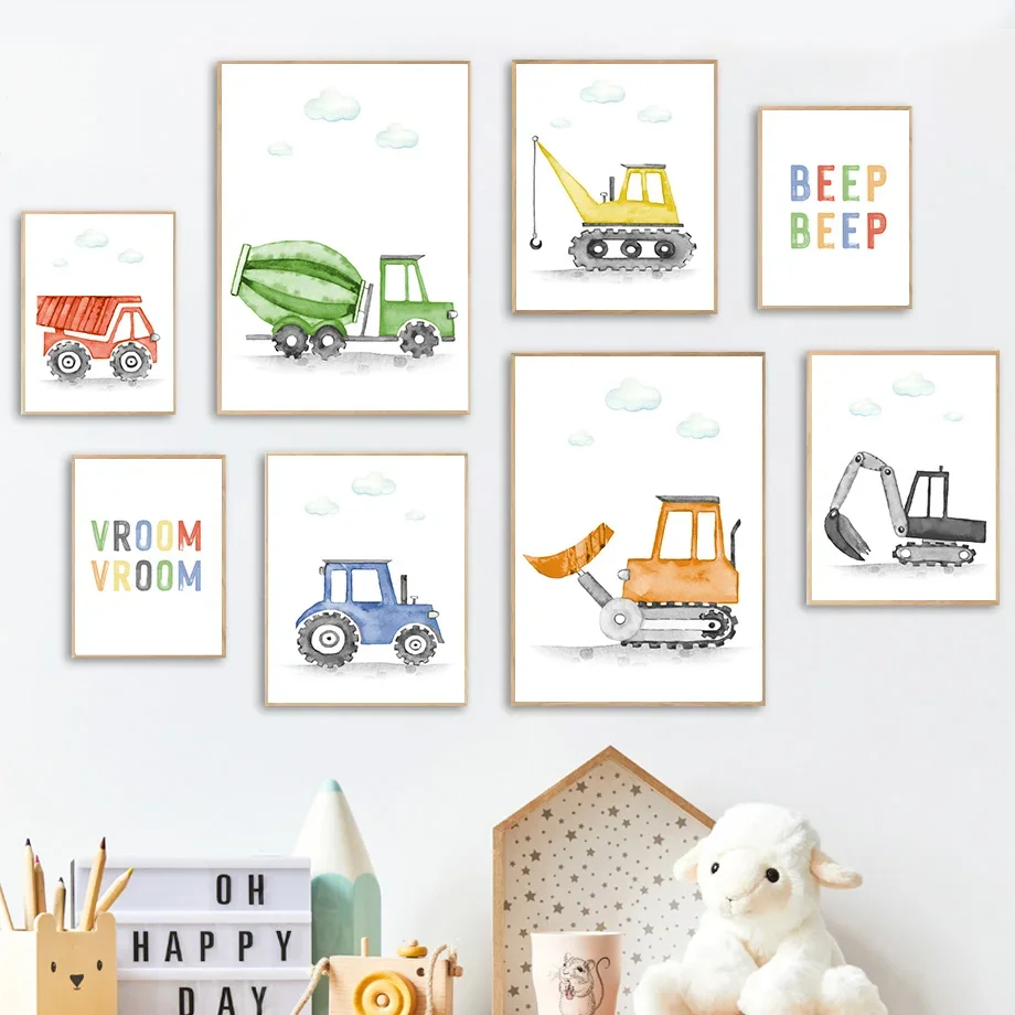 Veicoli Da Costruzione Mixer Digger Tractor Wall Art Canvas Painting Nordic Poster E Stampe Immagini A Parete Boy Kids Room Decor