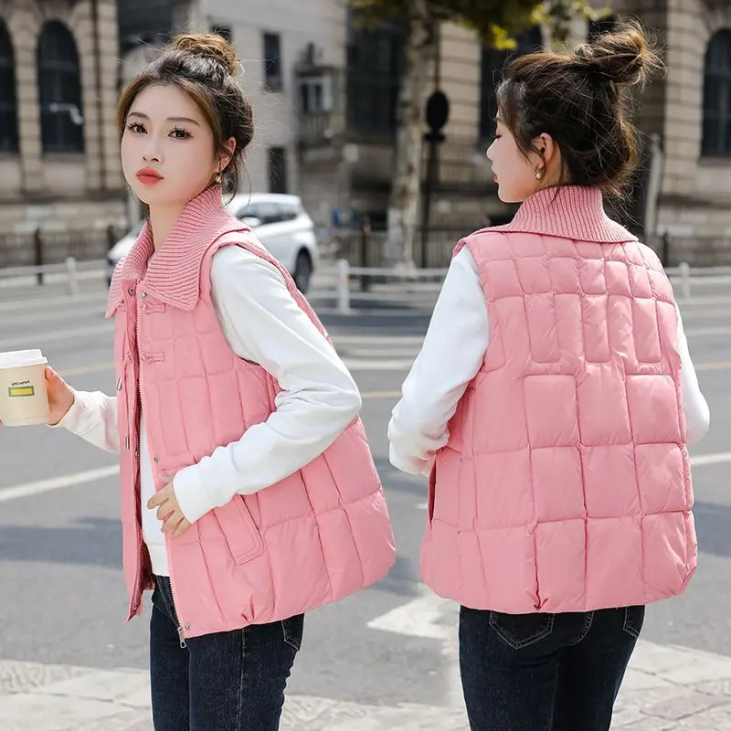 Autumn Winter Women Vest Retro Buttons Sleeveless Cardigan Puffer Jacket Korean Fashion Waistcoat Knit Collar Solid Loose Casual