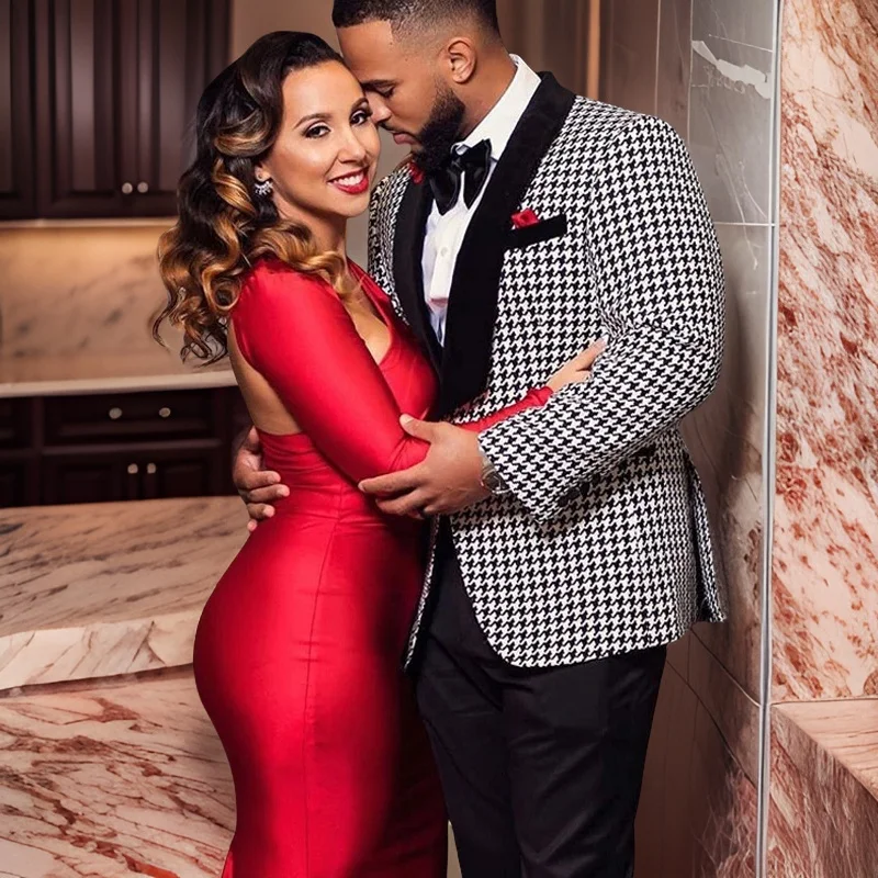Houndstooth Prom Suits for Men Wedding 2 Pieces Groom Tuxedo Slim Fit African Male Blazer with Black Pants Fashion Costume