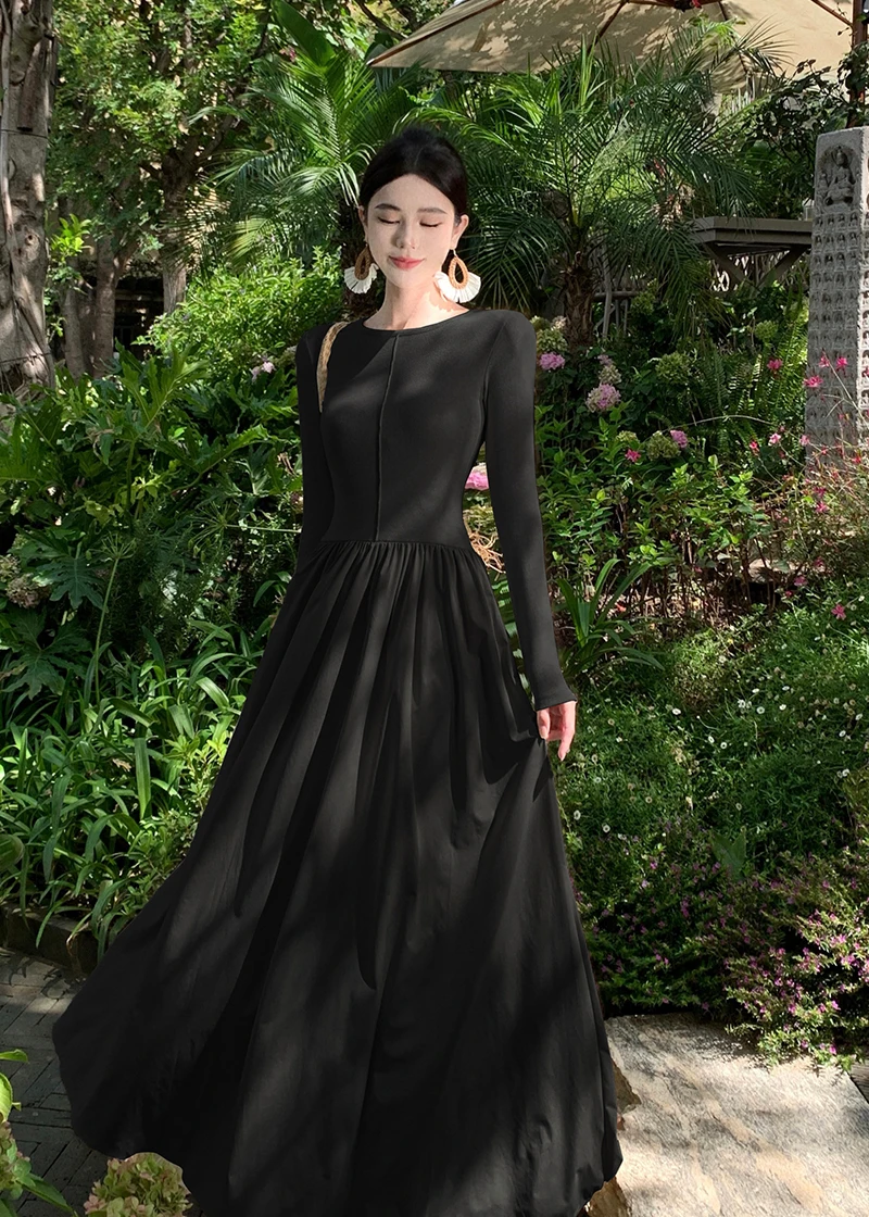 Vestidos largos informales de retazos para mujer, cuello redondo, mangas largas, corte en A, otoño primavera, moda coreana, vestidos de una pieza para mujer, nuevos