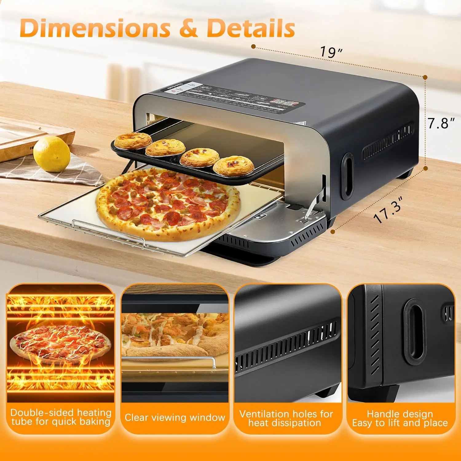 Electric Pizza Oven with 800&deg;F Make Pizza in Minutes, 12&rdquo; Portable Countertop Versatile Oven for Indoor & Outdoor,
