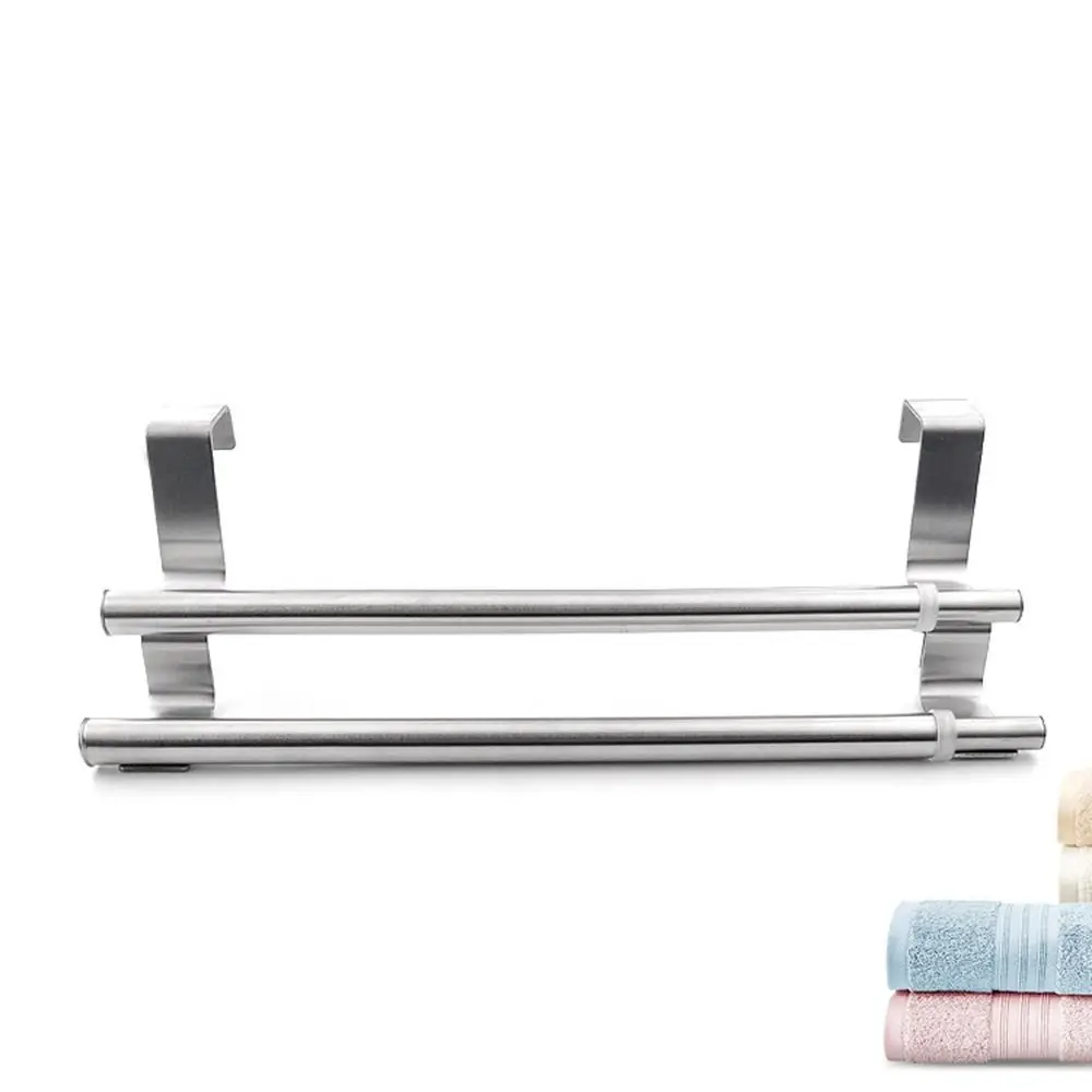 

Серебряная двойная телескопическая вешалка для полотенец из нержавеющей стали, вешалка для полотенец без отверстий, выдвижная регулируемая двухслойная вешалка для полотенец