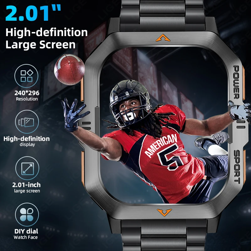 LIGE New Outdoor Military Smartwatch 430mAh Bluetooth Talking Smart Watch 2.01 Inch LED Sports IP68 Waterproof Fitness Watches