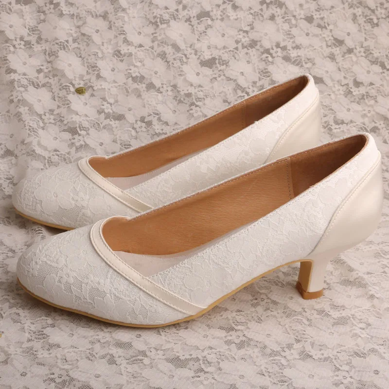 

Lace Ivory Wedding Shoes for Bride Low Heel Closed Toe Female Bride Footwear