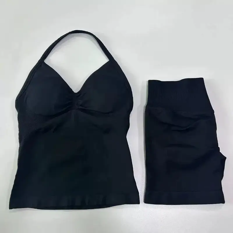 Sexy Halter Neck Beautiful Back High Waist Peach Sports Bras Shorts Suit Pilates Gathering Yoga Vest Training Fitness Bra Sets - Image 21