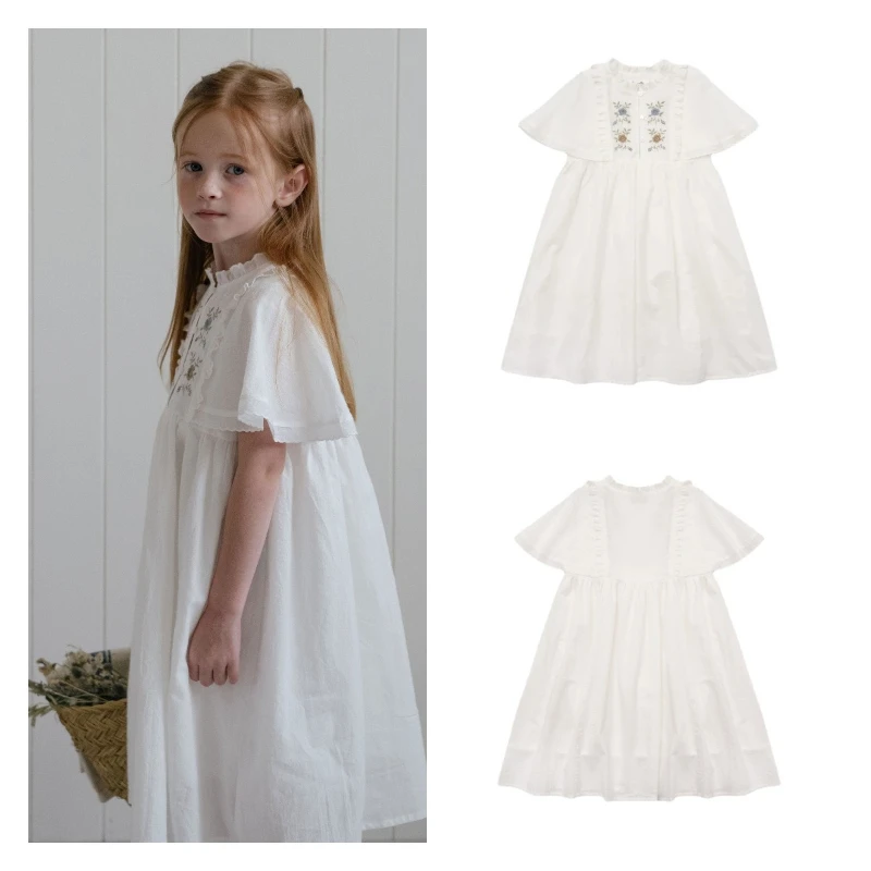 

Girl's Palace Simple Style Embroidered Lace Solid Color Dress Kids Elegant Princess Floral Children Summer Matching Outfit 2024