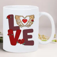 Retro Valentine's Love Ceramic Coffee Mug – Reusable, Hand-Wash Only, White with Skeleton Hands & Roses Design – Perfect Gift fo 5