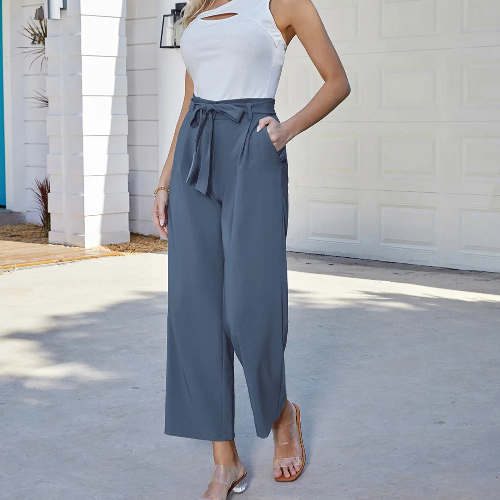 GK Women Straight Leg Pants With Belt Loose Fit Elastic High Waist Trousers Solid Causal Fashion Office Lady Ankle-length Pants