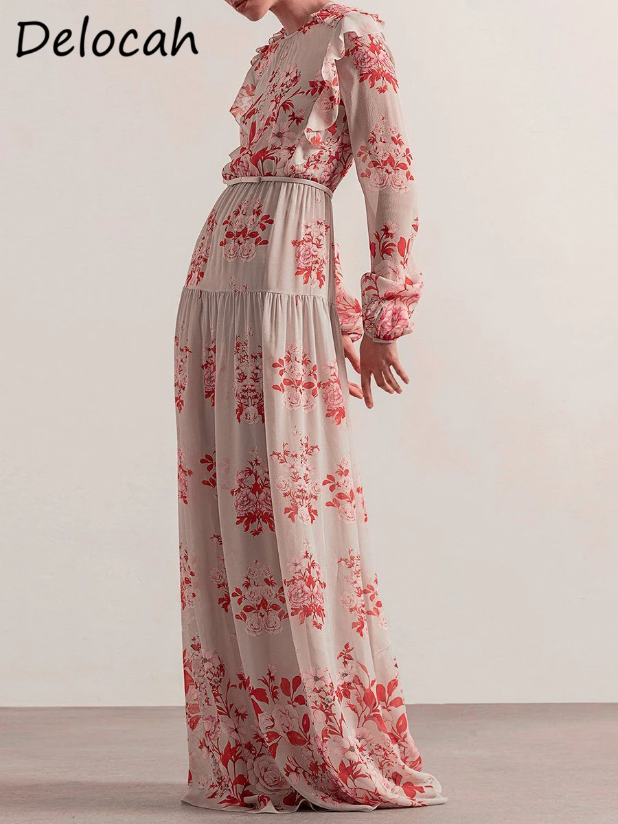 

Delocah High Quality Spring Women Fashion Runway Chiffon Dress Lantern Sleeve Ruffles Trim Flower Printed Big Swing Long Dresses