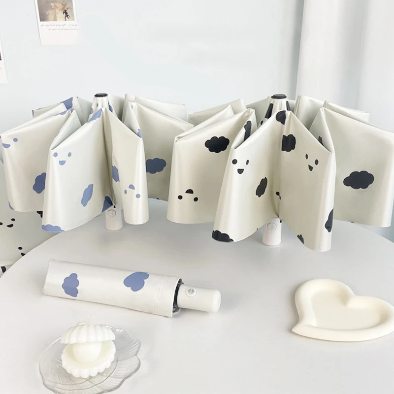 웃는 구름 자동 우산 자외선 차단 고밀도 두꺼운 우산 천, 소년 소녀 여행 접이식 우산