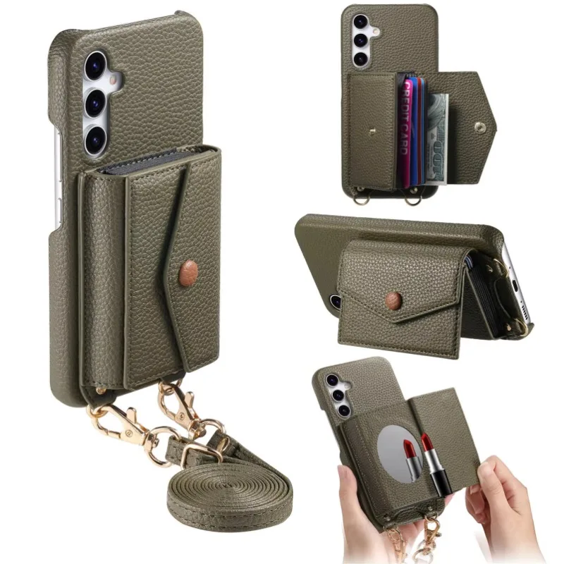 Premium PU Leather Crossbody Wallet Case with Card Holder and Mirror - Shockproof Cover