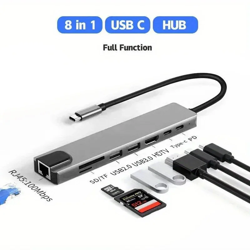 Hub USB C 8 en 1 de Type C, adaptateur USB3.1 vers HDMI 4K avec lecteur de carte RJ45 SD/TF PD, Charge rapide pour ordinateur portable