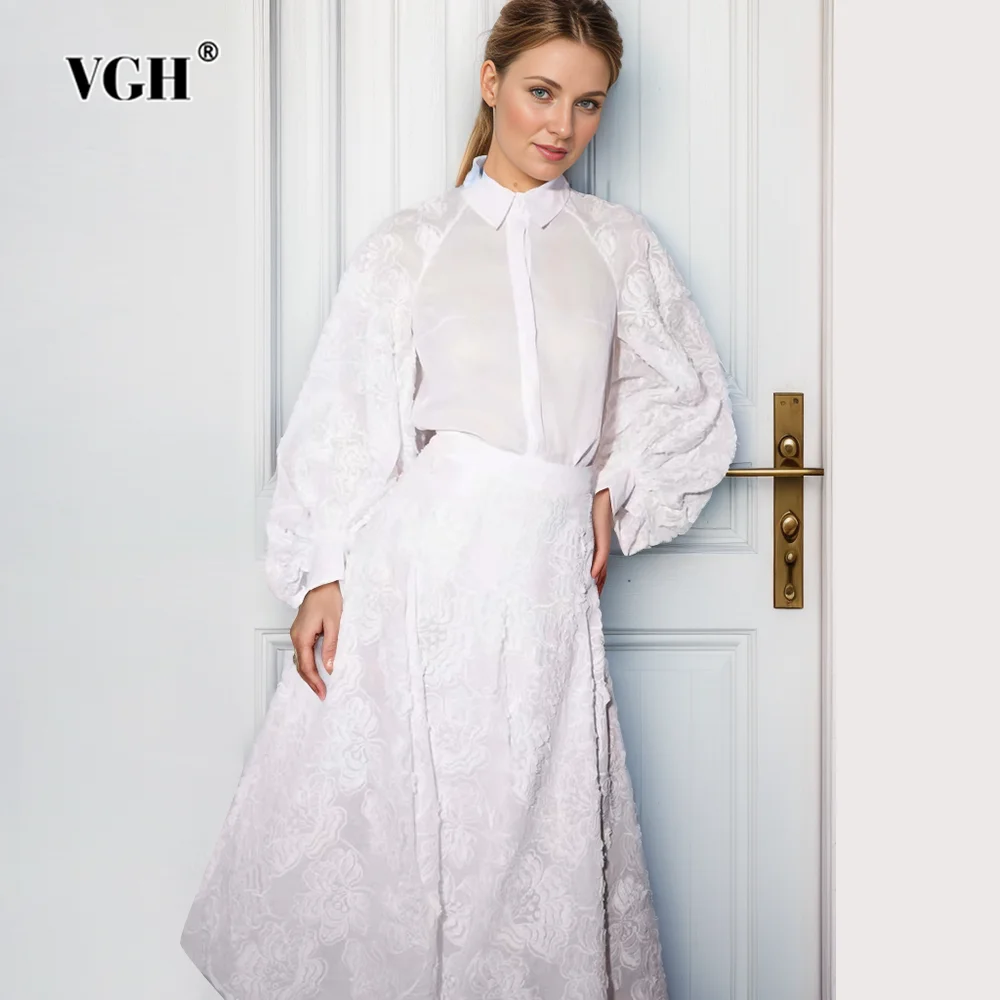 

Женский костюм с вышивкой VGH, повседневный комплект из двух предметов, рубашка на пуговицах с отложным воротником и длинным рукавом, трапециевидная юбка с высокой талией, Новинка