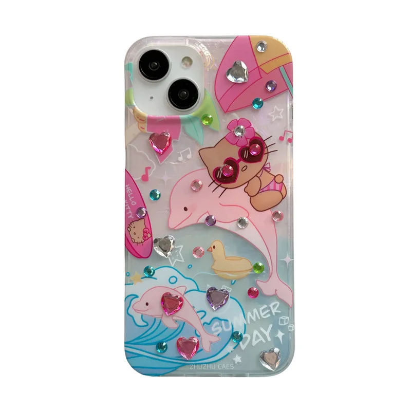 Iphone Case Hello Kitty Sanrio Sunglasses Pink dolphin rhinestone Phone Case For iPhone 15 14 13 12 11 Pro Max case cute cartoon Sweet Cover